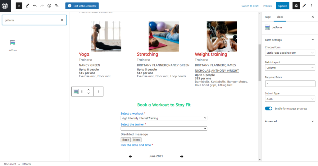 adding the appointment booking form to the Gutenberg page
