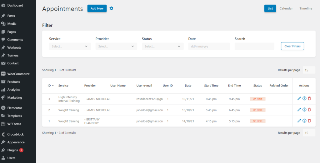all gym appointments in the list view