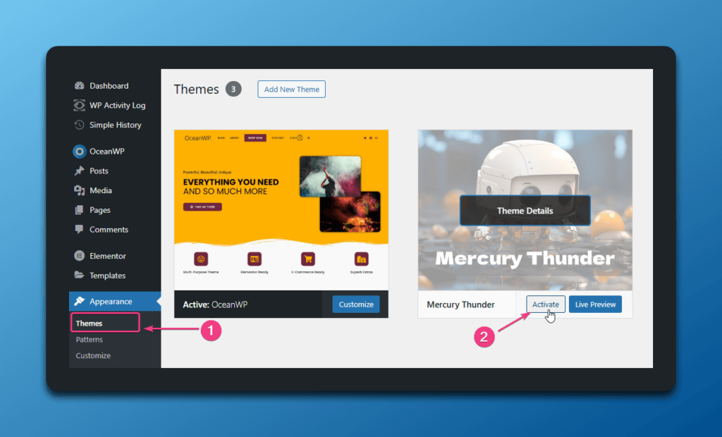 activate white-labeled WordPress child theme
