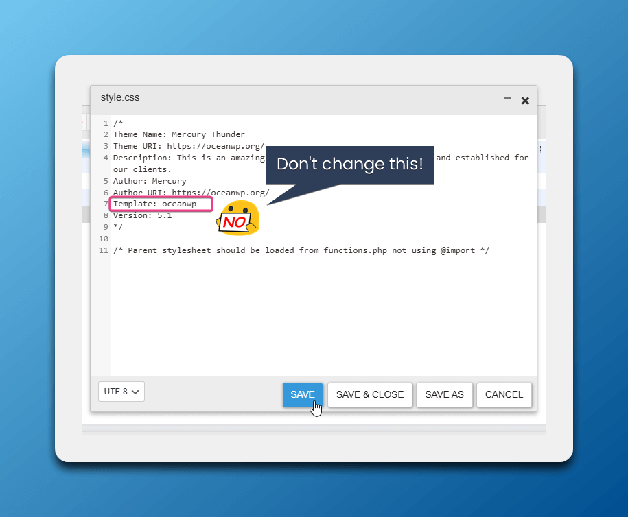 WordPress child theme information that you must not edit example