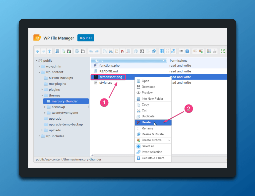 how to delete default WordPress child theme screenshot to white-label