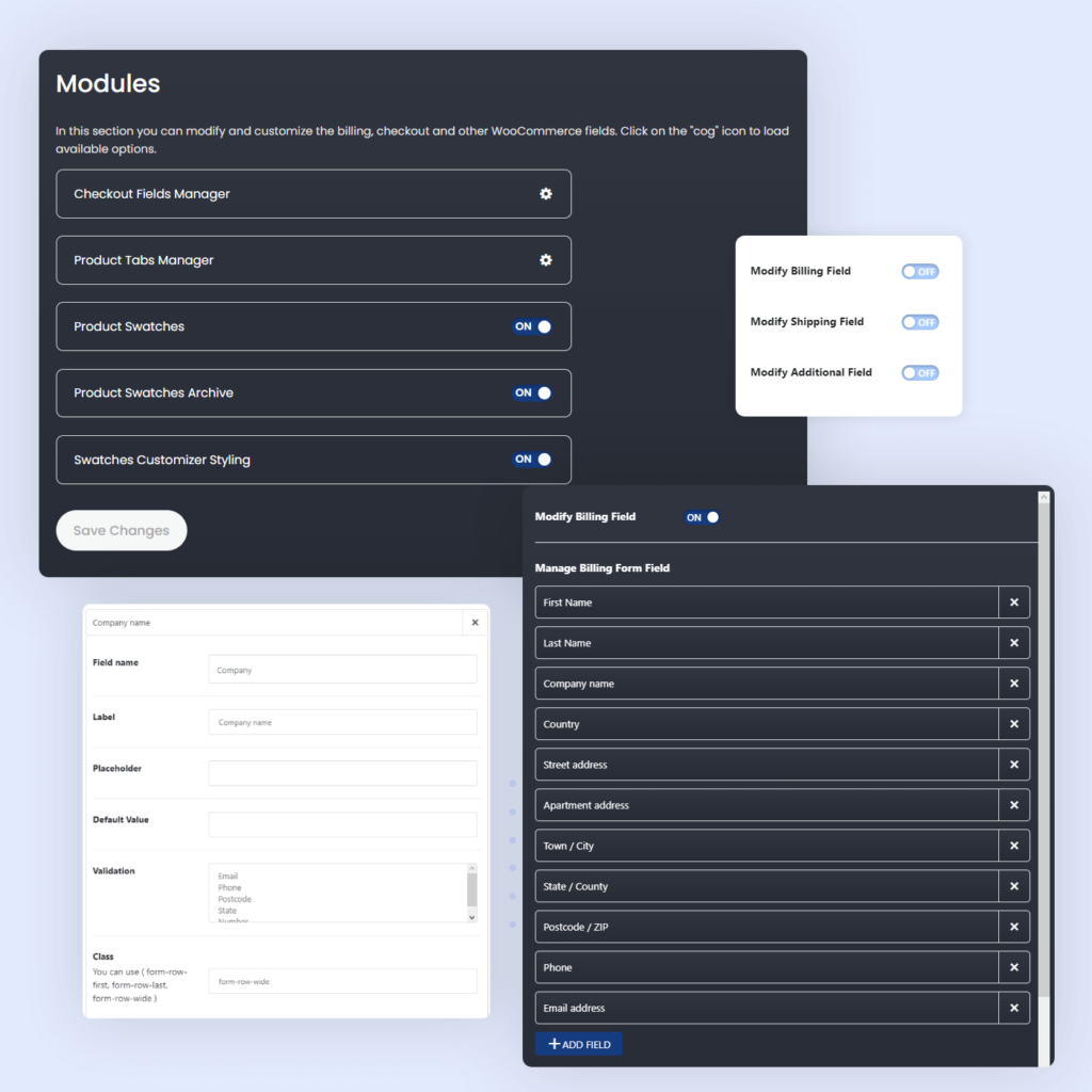 screenshot of various features available within the OceanWP checkout fields editor for WooCommerce