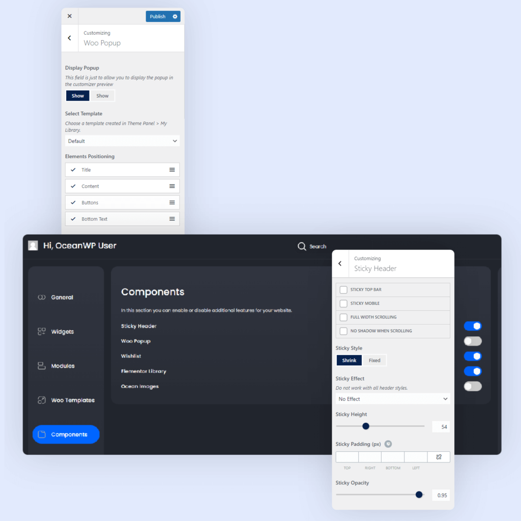 screenshot of oceanwp components for custom woocommerce websites
