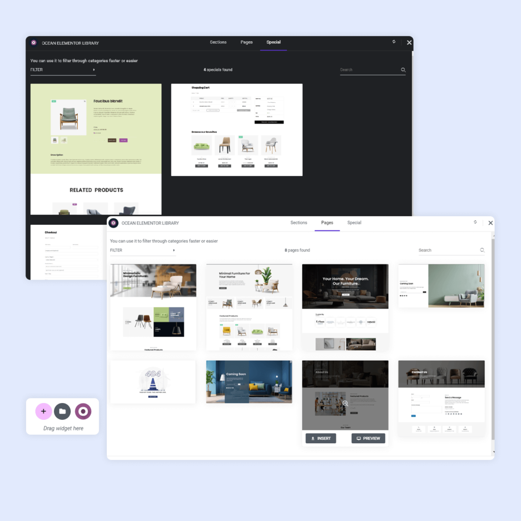 screenshot of oceanwp custom templates library for elementor and woocommerce