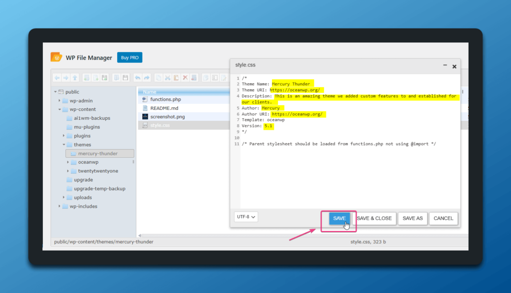 edit WordPress child theme information in style.css file to white-label