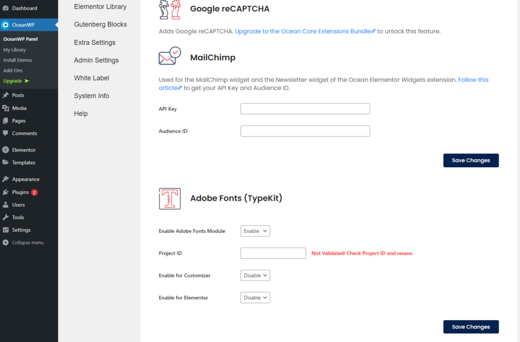 OceanWP Northern Star update release brings Adobe Fonts TypeKit integration. This image is a screenshot of the OceanWP Panel settings where you can integrate your Adobe Fonts project with your OceanWP theme