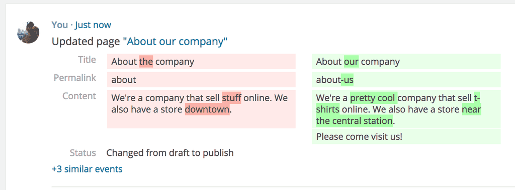 an example of how Simple History WordPress plugin logs changes to a website page