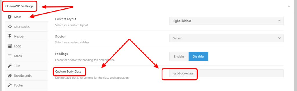 screenshot of sample OceanWP custom body class page or post settings