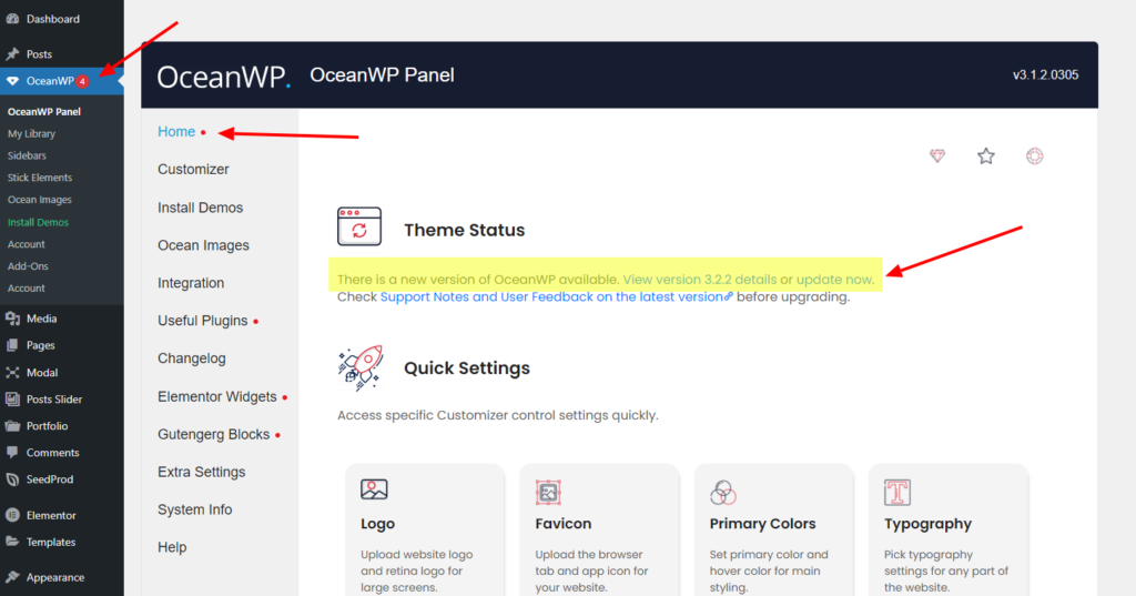 preview of the new OceanWP Panel notifications indicator
