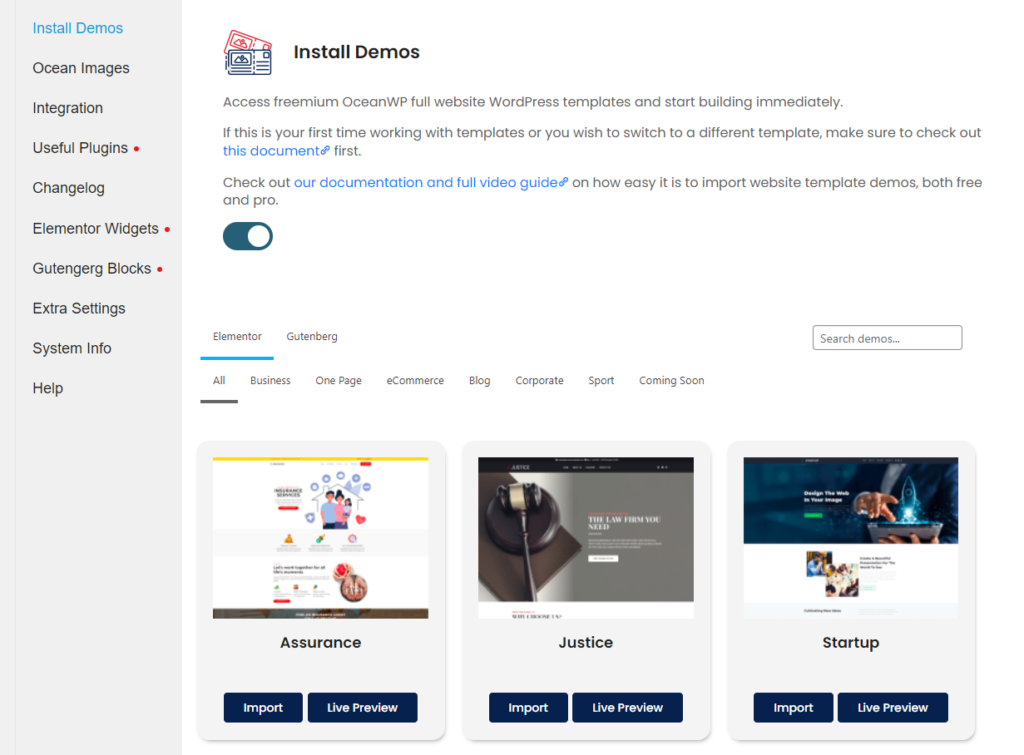 preview of the OceanWP Panel Install Demos option makeover