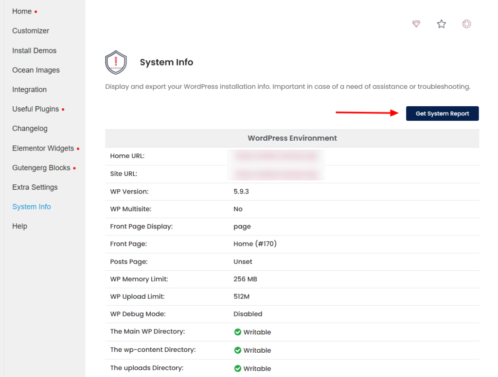 preview of the new OceanWP Panel System Info feature