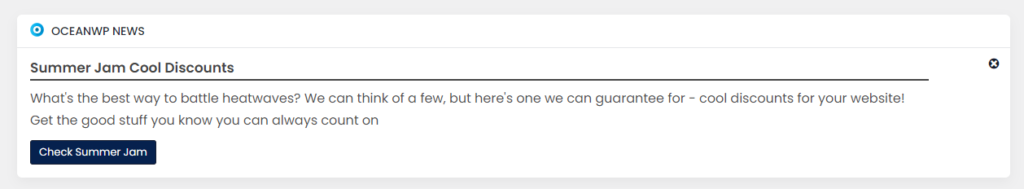 screenshot of the brand new OceanWP News feature in WordPress dashboard