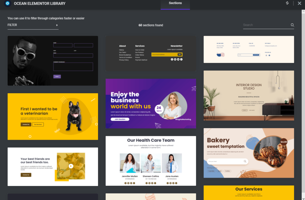 preview of the brand new OceanWP prebuilt Elementor sections library