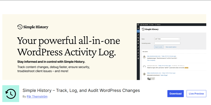 Simple History WordPress plugin for web design WordPress repository screenshot