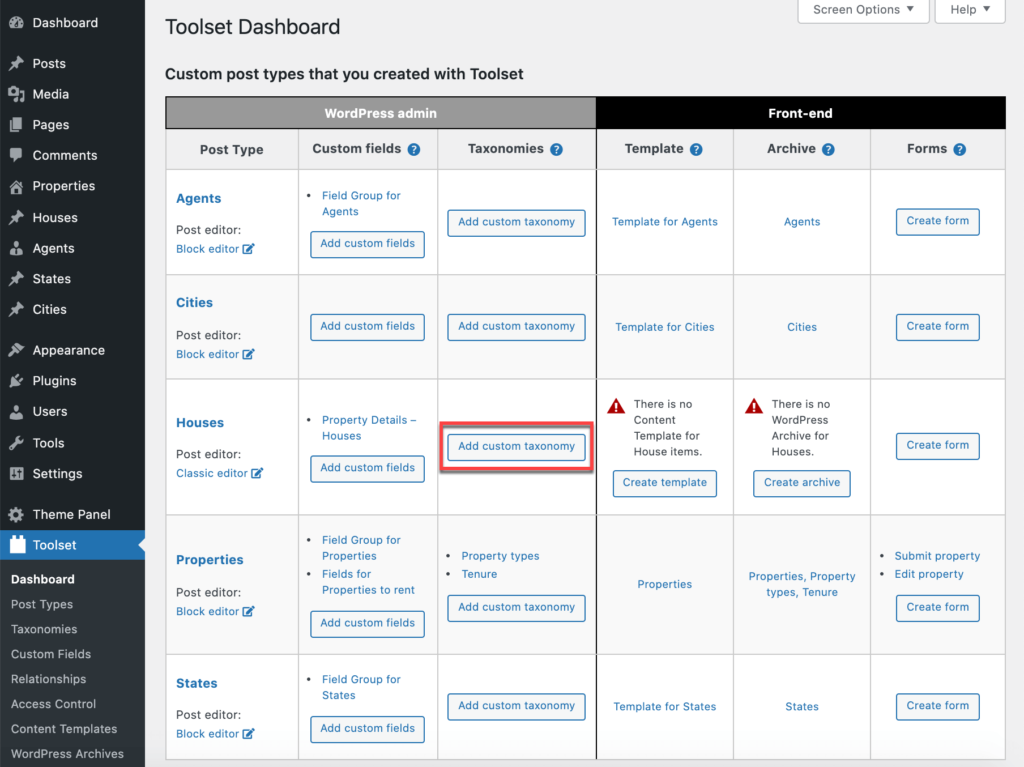 Accessing the page to add custom taxonomies