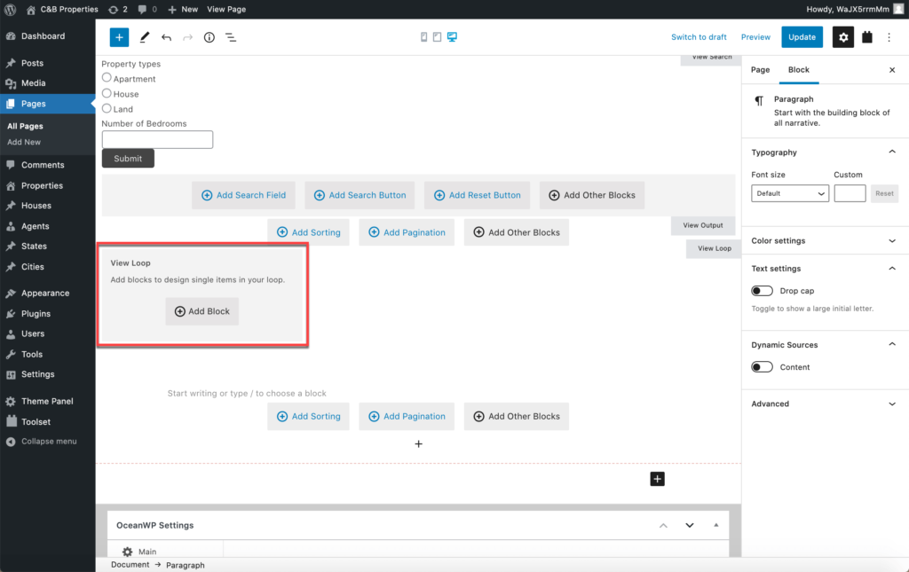 Adding blocks within a View Loop to design the search results

