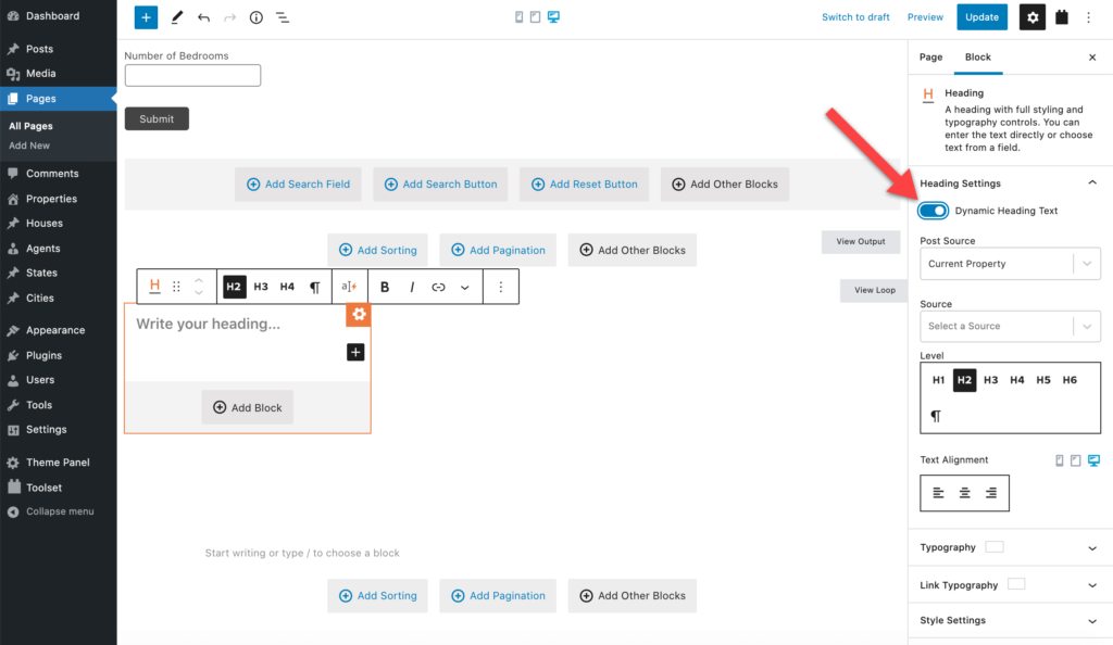 Choosing a Toolset Heading block and setting it as dynamic
