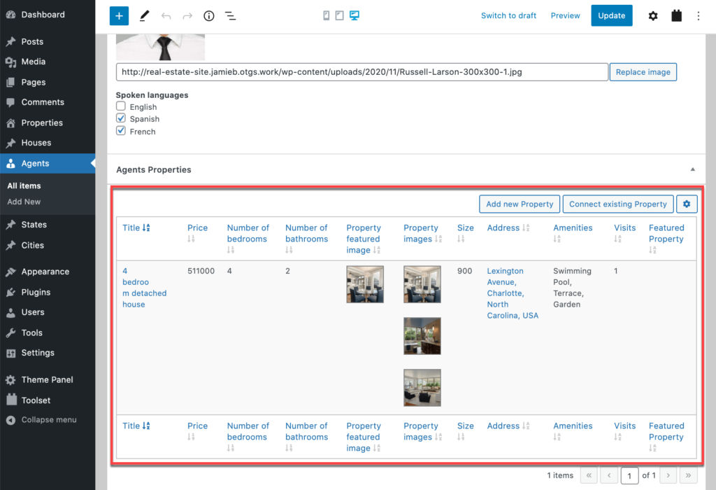 Connecting an agent to properties they manage from within the agent's profile page