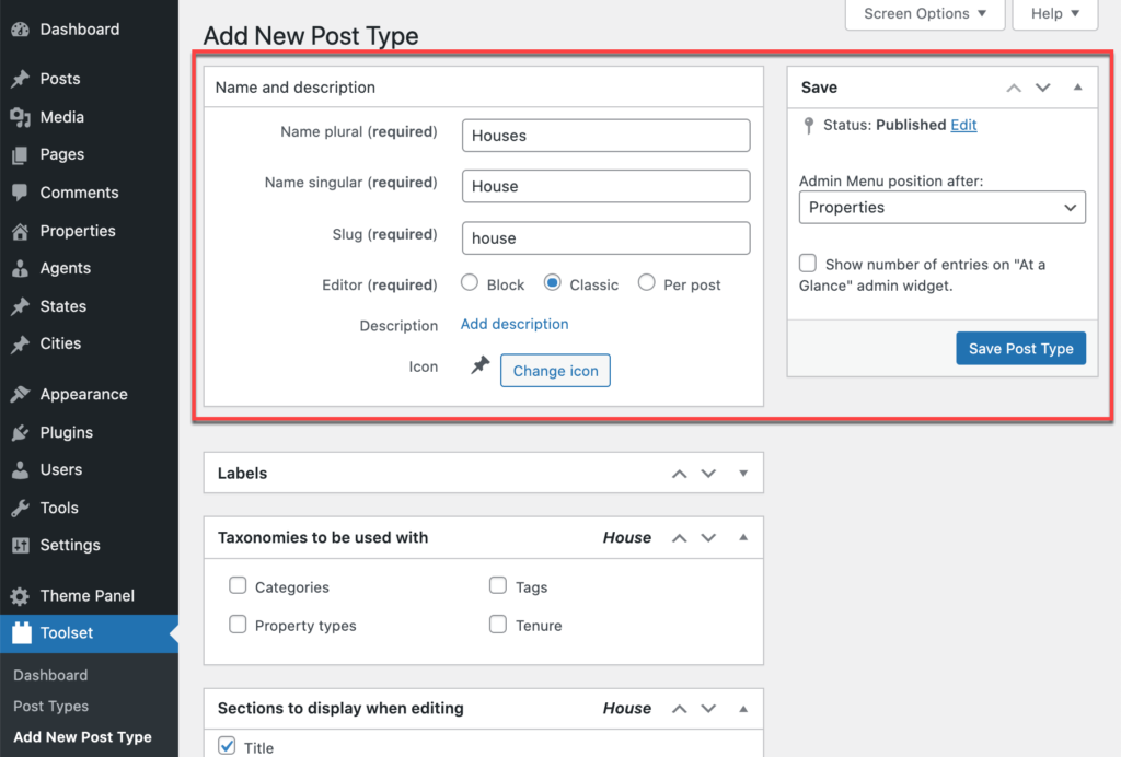 Naming and positioning a post type
