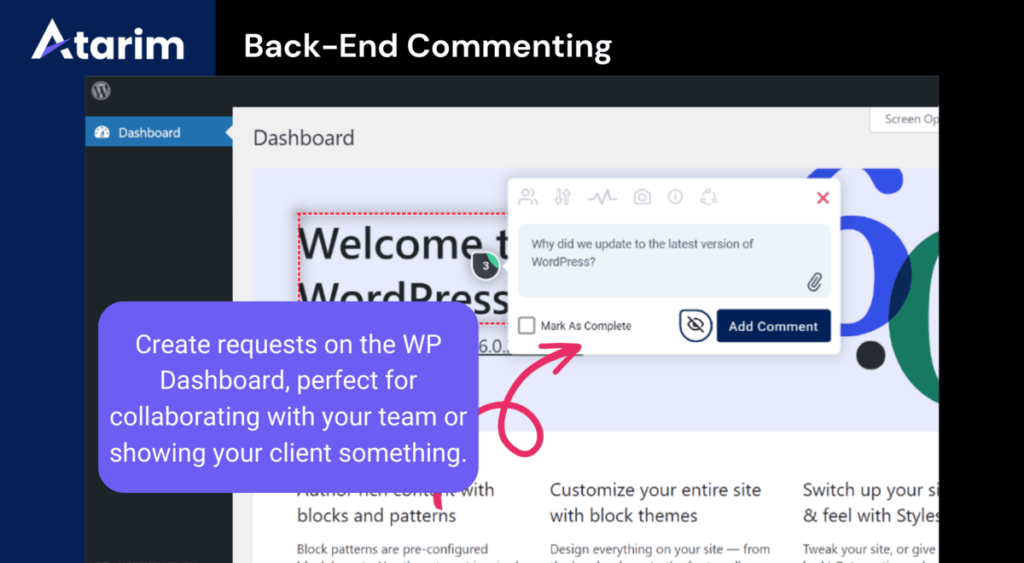 Visual Website Collaboration Atarim WordPress plugin example of functionality for web design