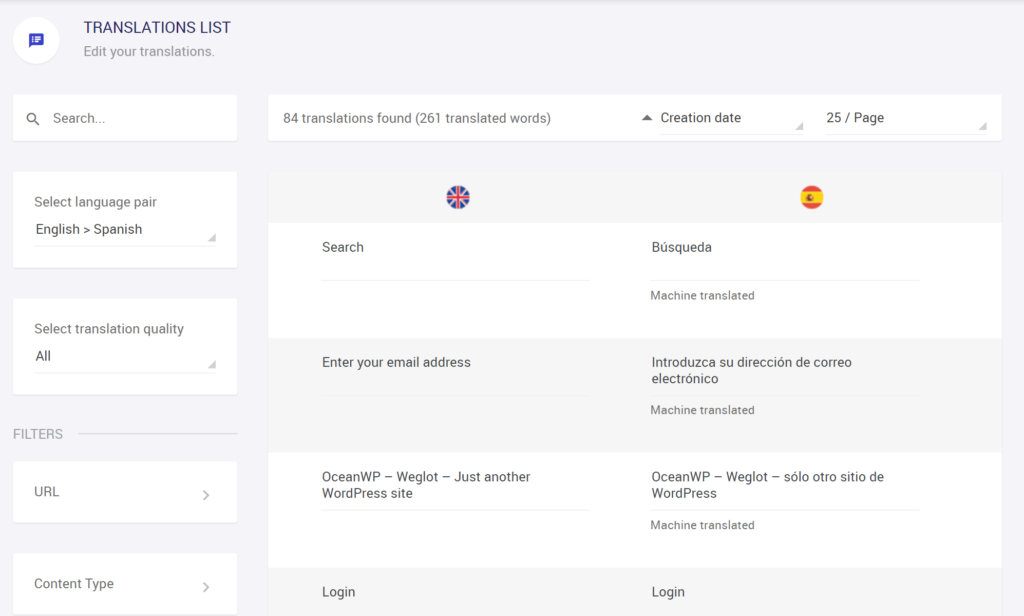 Weglot Translations List editor