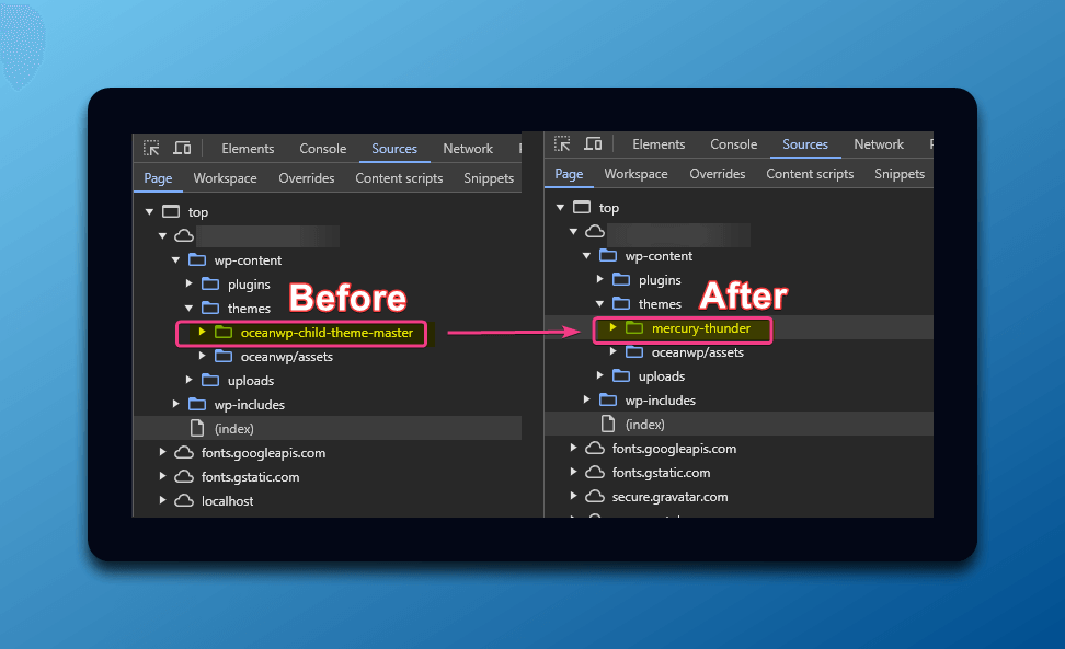 WordPress child theme folder name change for white-label, before and after comparison