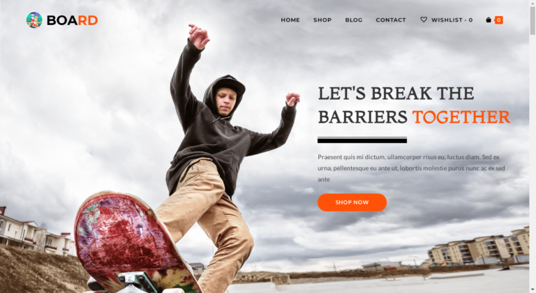 screenshot of WordPress template for WooCommerce for eCommerce stores that sell skateboards and skating gear based on the OceanWP best eCommerce WordPress theme